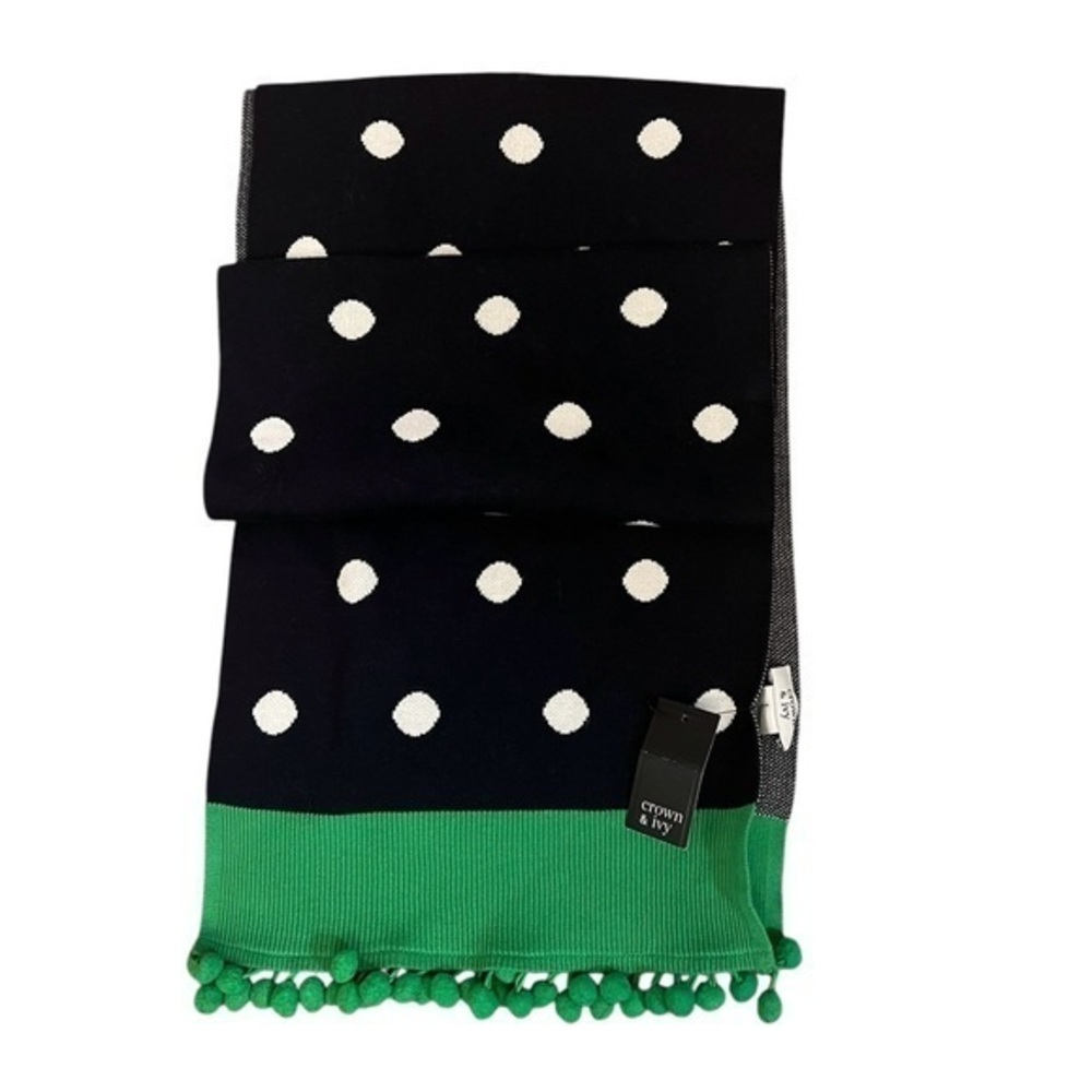 NWT Crown & Ivy 100% Cotton Knit Polka Dot Scarf w/ Pompoms, Black Green White